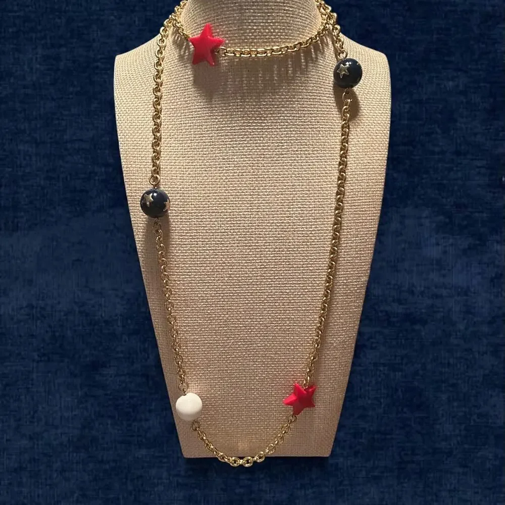 1970s Americana Star Red White Blue Statement Necklace 34” Patriotic Chain